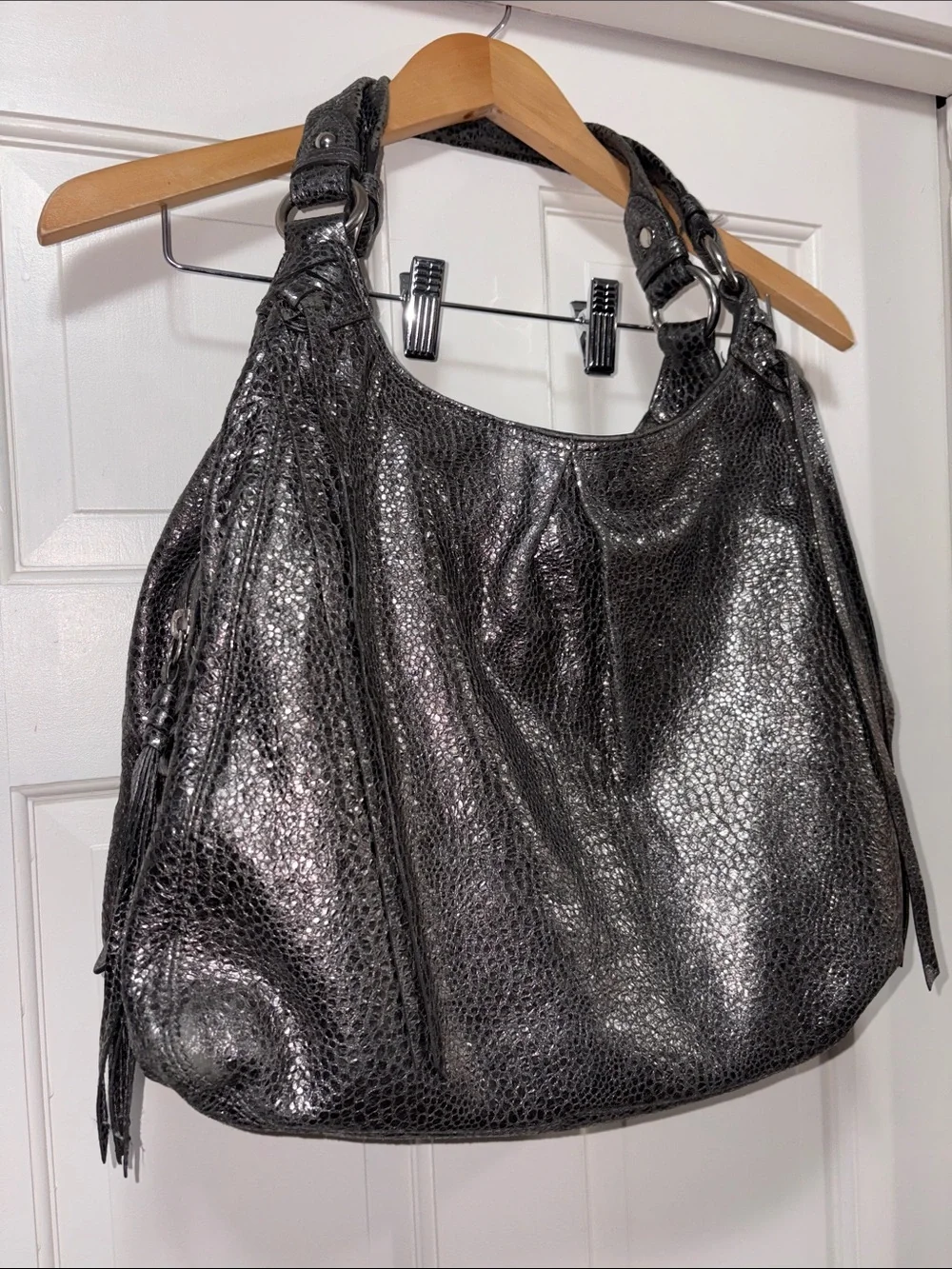 COACH Maggie Crinkle Gunmetal Silver Python Metallic Hobo Bag
